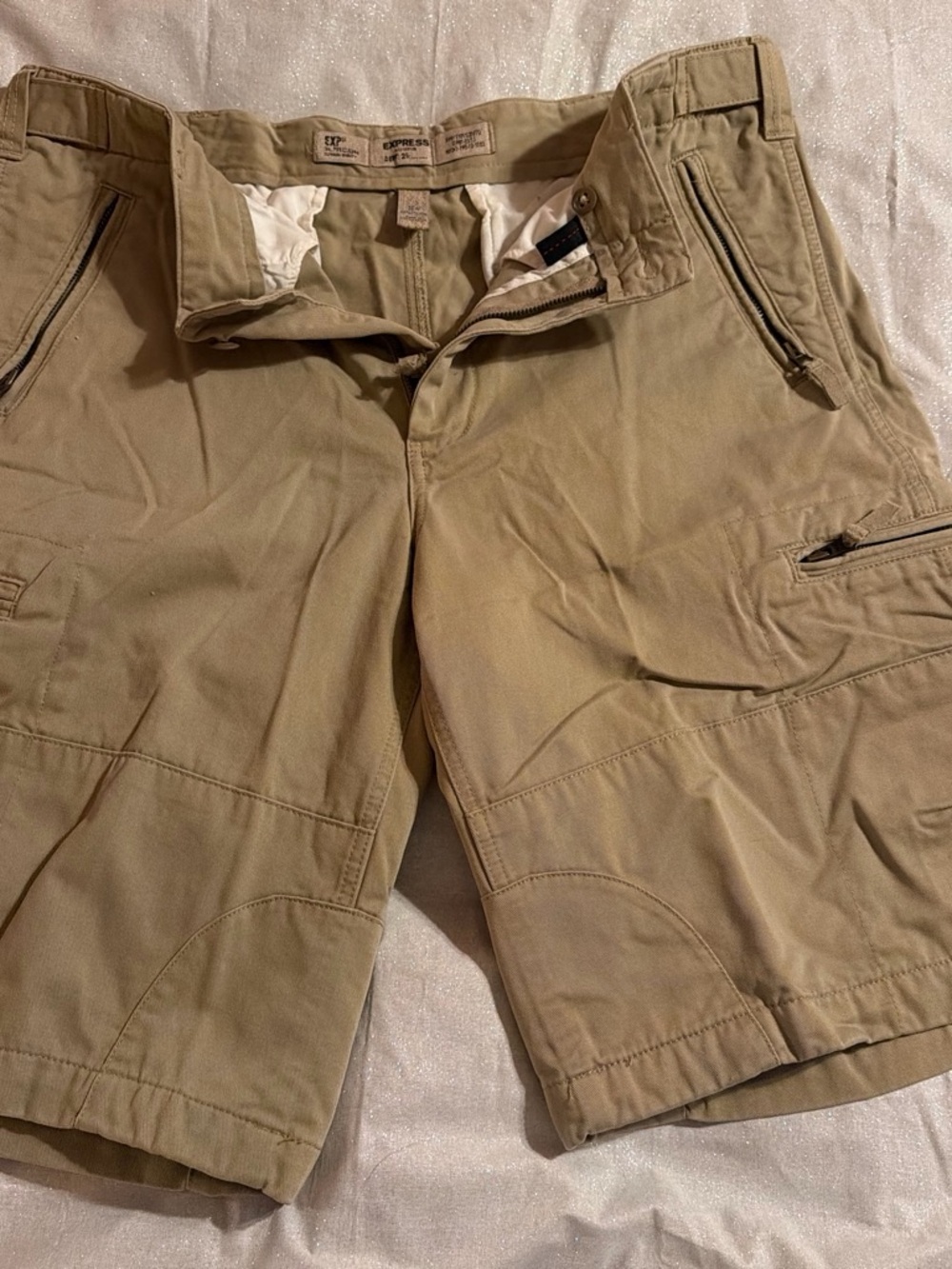 Express Men's Tan Cargo Shorts with Zip Pockets